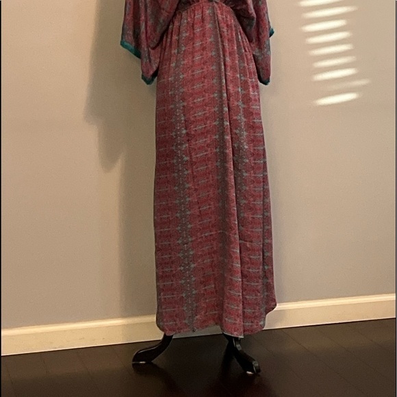 Patterned Maxi Dress in Red, teal and purple in size medium silk blend.  Fringe - Picture 8 of 15